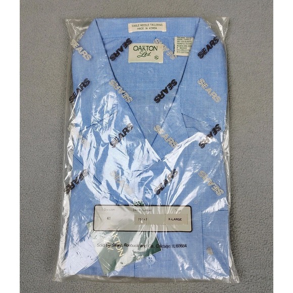 New VINTAGE 70s Sears Oakton Button Shirt XL Large Blue Loop Collar NOS Sealed